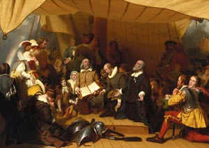 The Embarkation of the Pilgrims (1857) by American painter Robert Walter Weir at the United States Capitol in Washington, DC